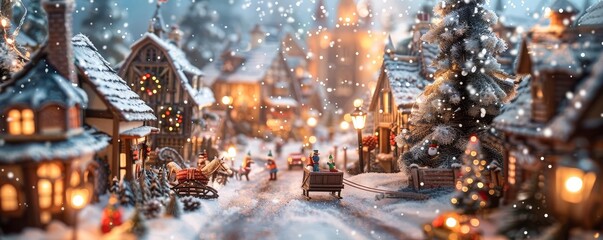 Fototapeta premium Charming winter wonderland village with snowdusted rooftops, festive holiday decorations, and people enjoying a horsedrawn sleigh ride