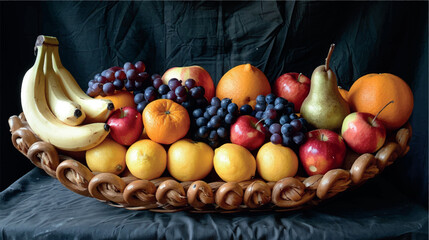 Large wicker basket with fruit. Apples, bananas, grapes, pears, tangerines, oranges, kiwis in a still life. Fresh fruits, berries, vitamin complex. Fructose, vitamin C, fruit composition.	