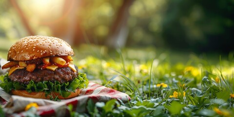 Juicy burger with fries in park. Close-up of a delicious burger with fries on top, placed on a picnic cloth in a sunny park setting. Banner with copy space