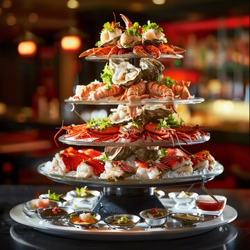 A tower of fresh seafood including lobster, crab, shrimp, and oysters on ice with lemon wedges and cocktail sauce.