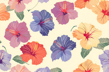 Abstract multicolor a solid hibiscus blooming flowers motif arrangement with medium tone, all over vector design with cream background illustration digital image for wrapping paper or textile printing