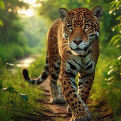 Obraz premium Onça pintada do Pantanal matogrossense, Brasil, andando em uma trilha na mata. Vista de frente.