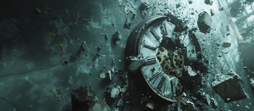 Broken clock gears in debris. A broken clock with exposed gears, surrounded by debris, symbolizing the passage of time and decay, in a dark setting. Banner with copy space