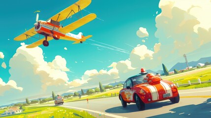 Picture this colorful illustration for children a cartoon scene featuring a police car racing down the road while a brave firefighter plane soars through the sky