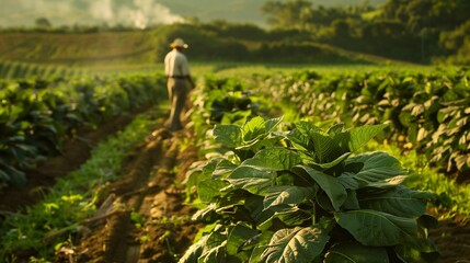 Growing green tobacco plantation. In the background, a man in trousers and a gray shirt and hat inspects growing tobacco. Growing natural tobacco. Copy space
