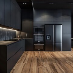 Dark kitchen interior with premium black stainless steel appliances, dark oak flooring, and minimalist design elements creating a sleek and functional space