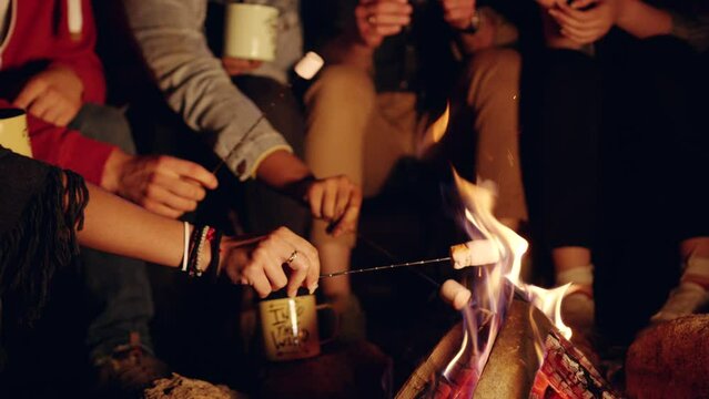Attractive Multiracial Group Of Young Friends Around Burning Camping Bonfire In The Woods Eating Marshmallows Laughing And Joking Nature Tourism Teen Life Adventure Concept Slow Motion Shot On Red Epi