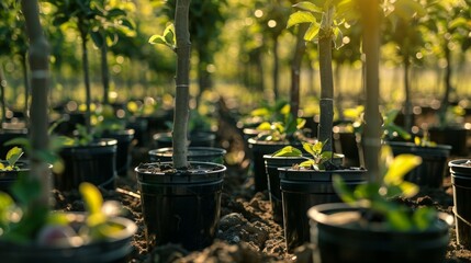 reforestation set of young trees trunks in pots, afforestation set of green plants in flowerpots, gardening and botany concept