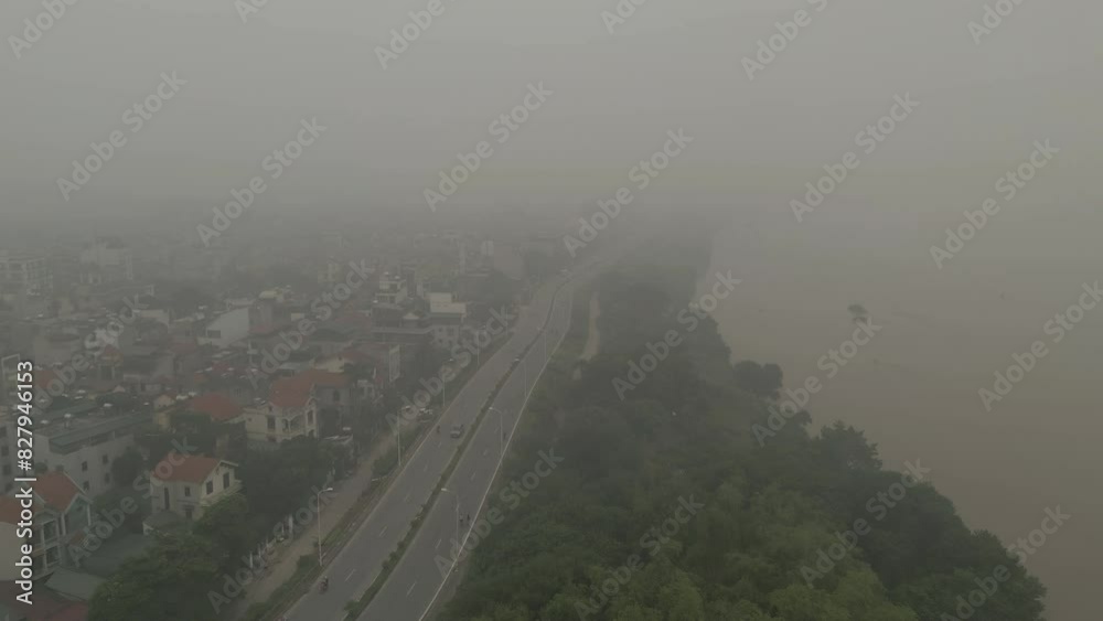 Poster Aerial view of Hanoi Downtown Skyline with fog mist, Vietnam. Financial district and business centers in smart urban city in Asia. Skyscraper and high-rise buildings.