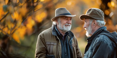 Fototapeta premium Elderly Friends Chatting Outdoors in Autumn. Two elderly men wearing hats and jackets, engaging in a friendly conversation outdoors with autumn foliage in the background. Banner with copy space