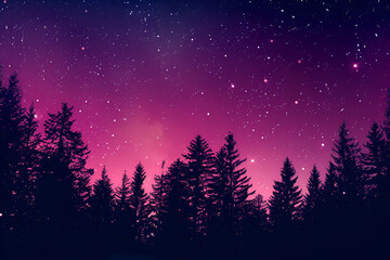 Aesthetic gradient cosmic violet and pink starry sky with silhouette forest trees landscape phone hd wallpaper