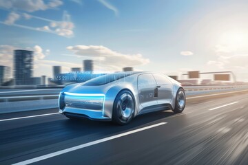 Fototapeta premium Autonomous vehicle on a city expressway showcasing futuristic design and enhanced driving technology
