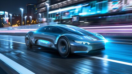 Electric sports car speeding on an urban highway at night, illustrating cutting edge technology and electrifying performance