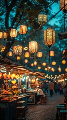 Obraz premium Enchanting cultural festival at night, illuminated lanterns hanging overhead, diverse food stalls, and joyful people enjoying the festivities