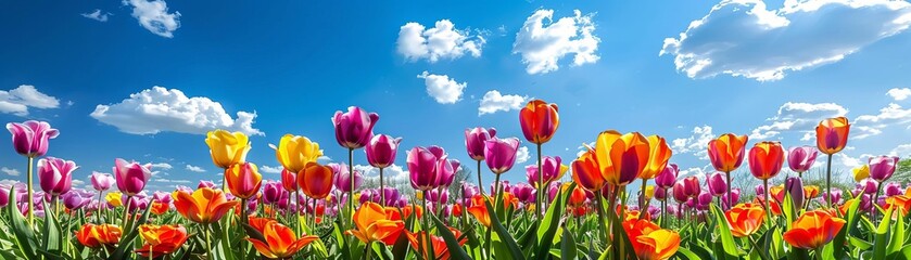 Endless flower field in full bloom with vibrant tulips stretching to the horizon, under a clear blue sky with fluffy white clouds