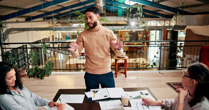 Meeting, presentation and man with business people in office for planning, discussion and project ideas. Creative agency, publishing company and men and women for teamwork, feedback and collaboration