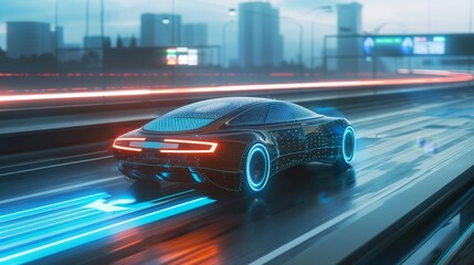 Naklejka premium Electric vehicle in motion on a busy expressway, capturing the essence of modern urban mobility and technological advancement