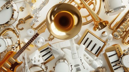 The image is a bunch of musical instruments. There are pianos, guitars, trumpets, and drums. They are all gold and white. The background is white. The image is very bright.