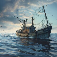 Obraz premium An old wooden trawler with fishing nets, Generative AI