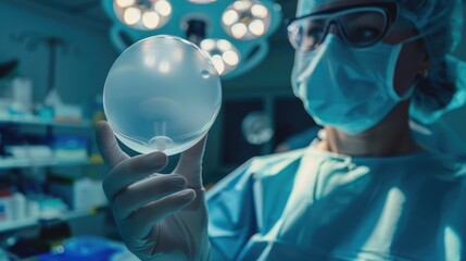 Surgeon in the operating room holds a sterile breast silicone implant