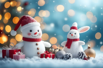 Whimsical Christmas snowman and rabbit illustration, offering space for heartfelt messages, perfect for spreading holiday cheer and warm wishes.