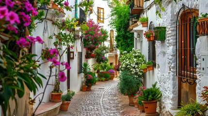 cozy street of old European town, white walls and colourful flowers, cosy Spanish or Italian narrow alley