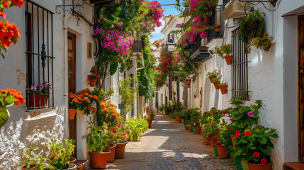 cozy street of old European town, white walls and colourful flowers, cosy Spanish or Italian narrow alley