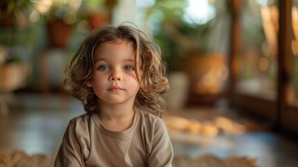 Little Boy with Curly Hair in Bright Room. A young boy with curly hair sits in a brightly lit room, looking attentively with a calm expression.