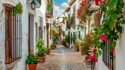 Wandcirkels Smal steegje cozy street of old European town, white walls and colourful flowers, cosy Spanish or Italian narrow alley  © goami