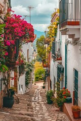 cozy street of old European town, white walls and colourful flowers, cosy Spanish or Italian narrow alley