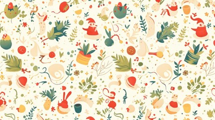 An enchanting hand drawn pattern featuring whimsical characters straight out of a fairy tale picture a cactus engrossed in a book a musical mushroom with a pipe a delightful scene of a ball 