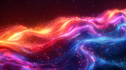 Fototapeta premium Colorful vibrant neon light stripes and dots, luminous lighttail stripes on a dark moody background, futuristic design, modern light art