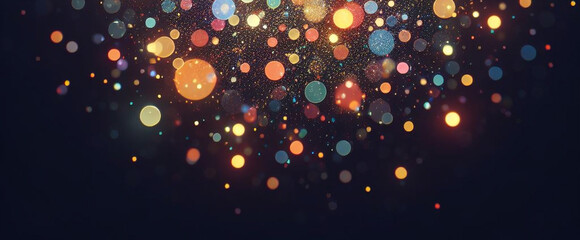 Multicolor bokeh, raining light, blurry lights, blurry background, rainbow confettis on a black background, colorful, night lights, city lights, haze, depth of field, round bokeh, circle bokeh