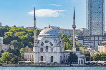 The magnificent view of the historic Dolmabahçe Mosque in the Bosphorus.