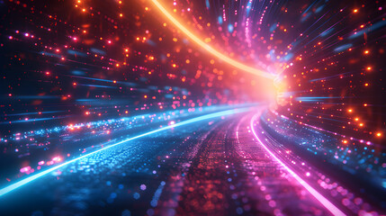 Obraz premium Colorful vibrant neon light stripes and dots, luminous lighttail stripes on a dark moody background, futuristic design, modern light art