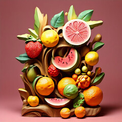 Fruits in colorful wooden sculpture, realistic fruit sculpture
