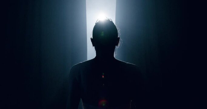 Attractive Young Woman Prima Ballerina Entering Stage as Curtain Opens Spectacle Sacrifice Innocence Smoke Silhouette Slow Motion Red Epic