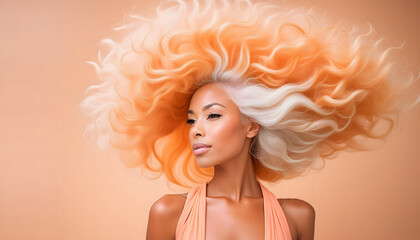 Fototapeta premium model, beauty, peach, fuzz, farbe, neu, des, jahres, 2024, 2025, atelier, studio, solider, hintergrund, locken, afro, haare, viele, wind, explosion, frau, trendy, kampagne, copy space, schön, hübsch, 