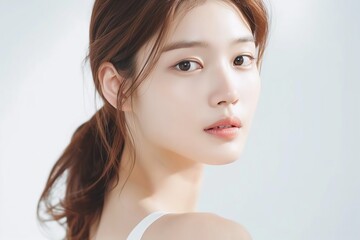 Obraz premium close up face portrait of young pretty Asian woman with bright flawless skin, beauty cosmetic or skincare fashion portrait with copy space