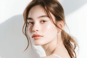 close up face portrait of young pretty Asian woman with bright flawless skin with light and shadow play, beauty cosmetic , skincare, sunscreen fashion portrait ,copy space isolated white background