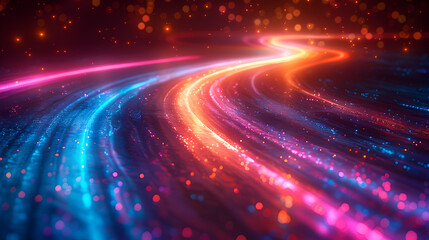 Colorful vibrant neon light stripes and dots, luminous lighttail stripes on a dark moody background, futuristic design, modern light art