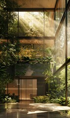 interior with green plants and garden in modern glass skyscraper office building, nature and contemporary architecture, balance and harmony of environment and human, sustainable ecosystem
