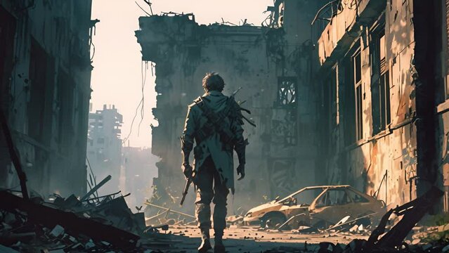 戦地を歩く兵士の後ろ姿,Generative AI 