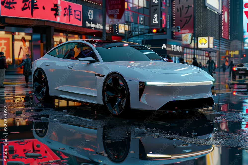 Poster Futuristic white electric car in a neon lit cityscape, highlighting advanced automotive technology and modern urban design