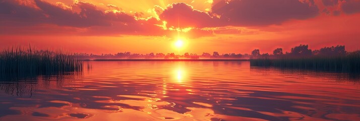 The sun sets over a tranquil lake, casting a warm glow on the rippling water. Generative AI