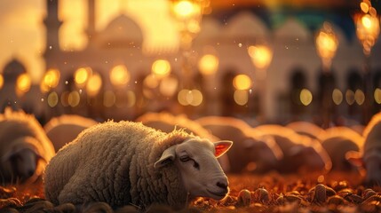 Sacred Sacrifice- Eid Al Adha Mubarak Background with Sheep and Islamic Prayer