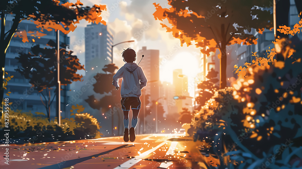 Poster A young boy running and hearing music with earphone in the city lofi style