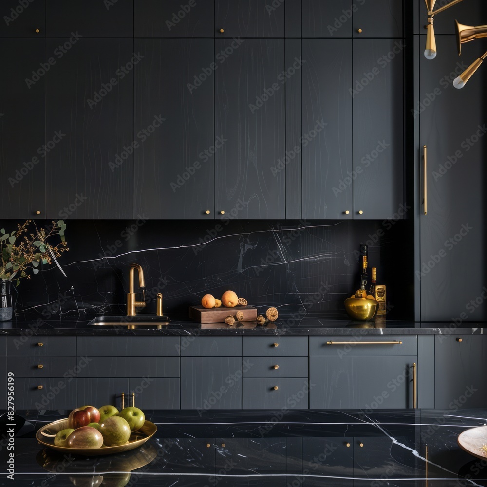 Wall mural dark kitchen interior with charcoal grey cabinetry, black marble backsplash, and gold hardware accen - Wall murals