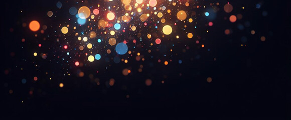 Fototapeta premium Multicolor bokeh, raining light, blurry lights, blurry background, rainbow confettis on a black background, colorful, night lights, city lights, haze, depth of field, round bokeh, circle bokeh