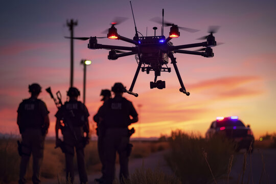 Advanced drone surveillance in police operation at dusk